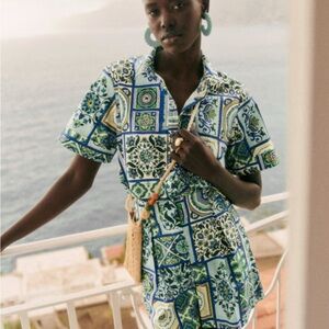 Sezane x Momoni Livia Blue and Green Patterned Shirt